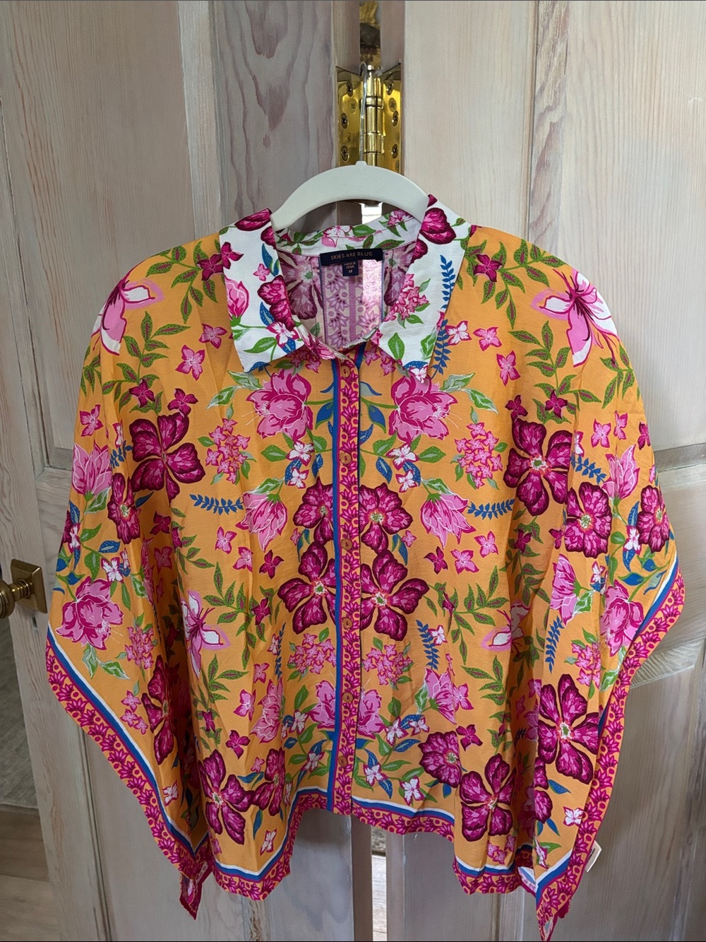 Skies Are Blue Yellow Floral Button-Up Blouse with Pink Accents